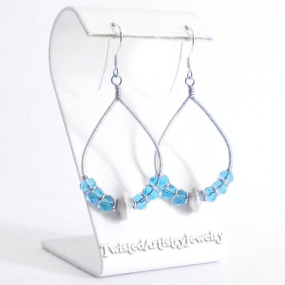 Aqua Blue Silver Wire Wrapped Teardrop Hoop Earrings